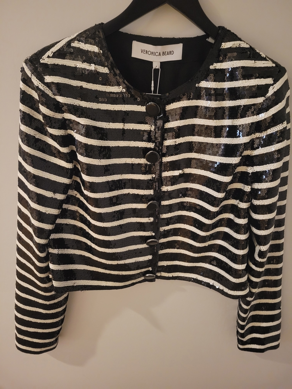 Veronica Beard Black and White Striped Sequin Cropped Jacket